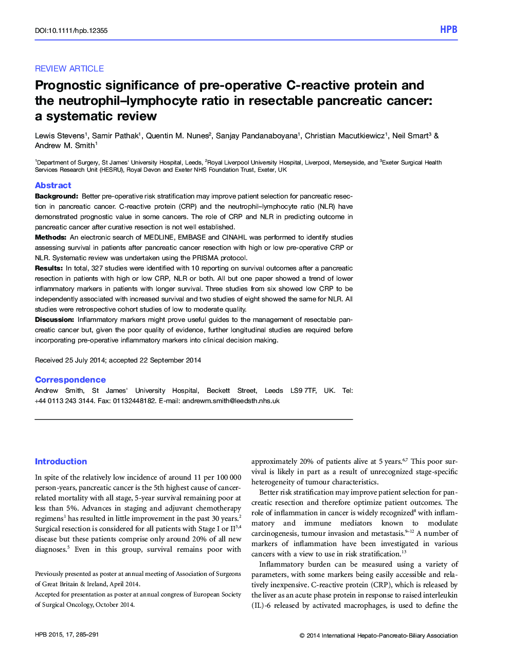Prognostic significance of pre-operative C-reactive protein and the neutrophil–lymphocyte ratio in resectable pancreatic cancer: a systematic review 