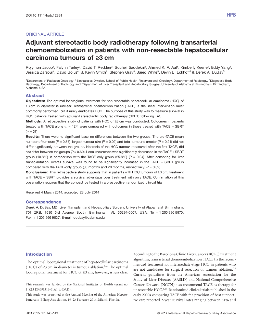 Adjuvant stereotactic body radiotherapy following transarterial chemoembolization in patients with non‐resectable hepatocellular carcinoma tumours of ≥3 cm 