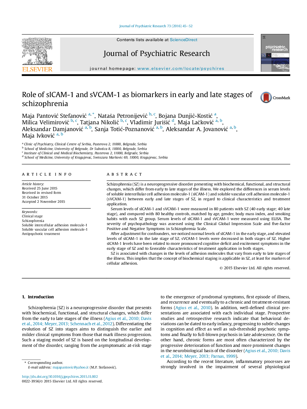 نقش sICAM-1 و sVCAM-1 به عنوان نشانگرهای زیستی در مراحل اول و آخر اسکیزوفرنی