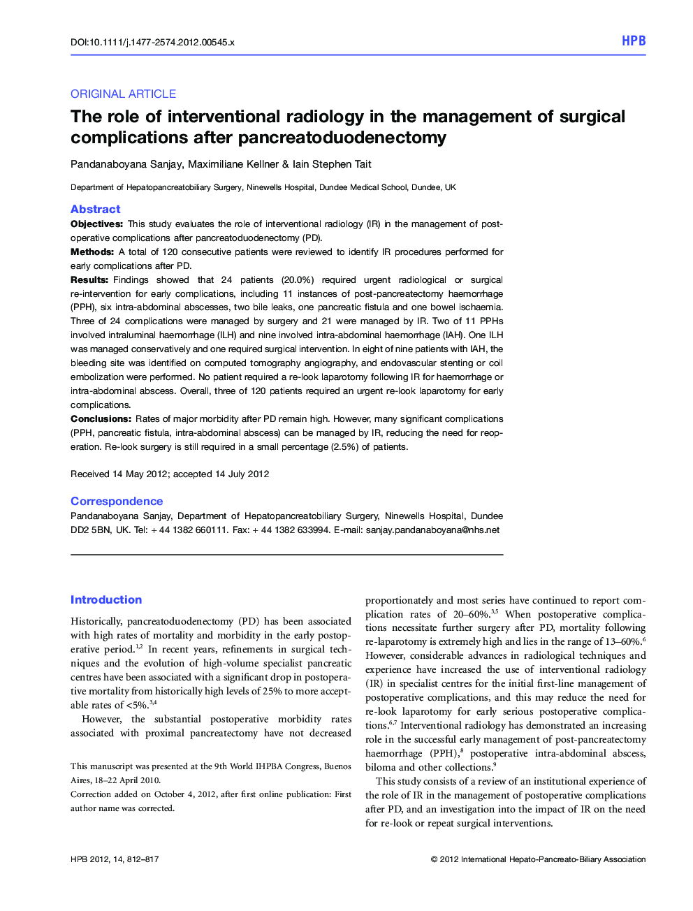 The role of interventional radiology in the management of surgical complications after pancreatoduodenectomy