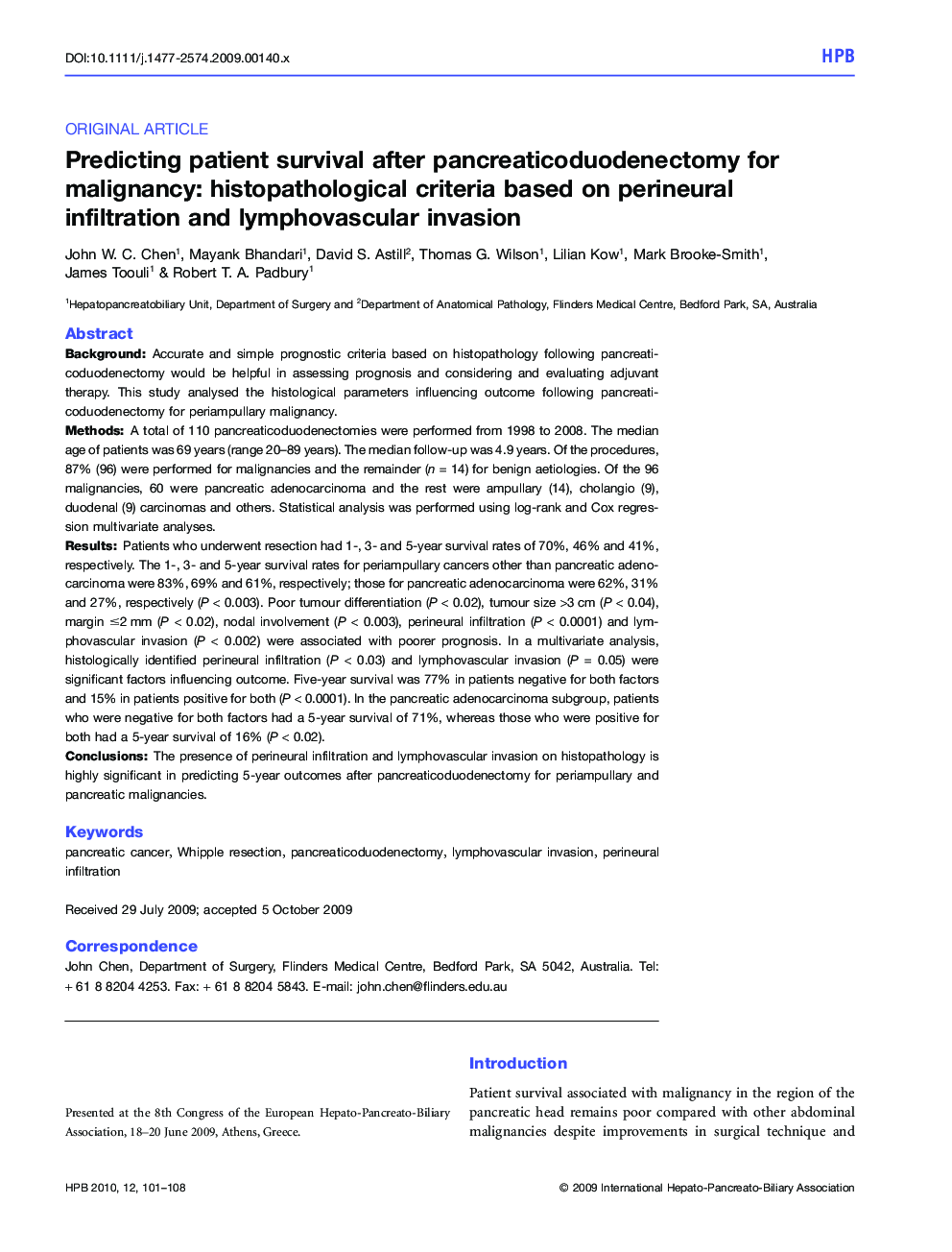 Predicting patient survival after pancreaticoduodenectomy for malignancy: histopathological criteria based on perineural infiltration and lymphovascular invasion