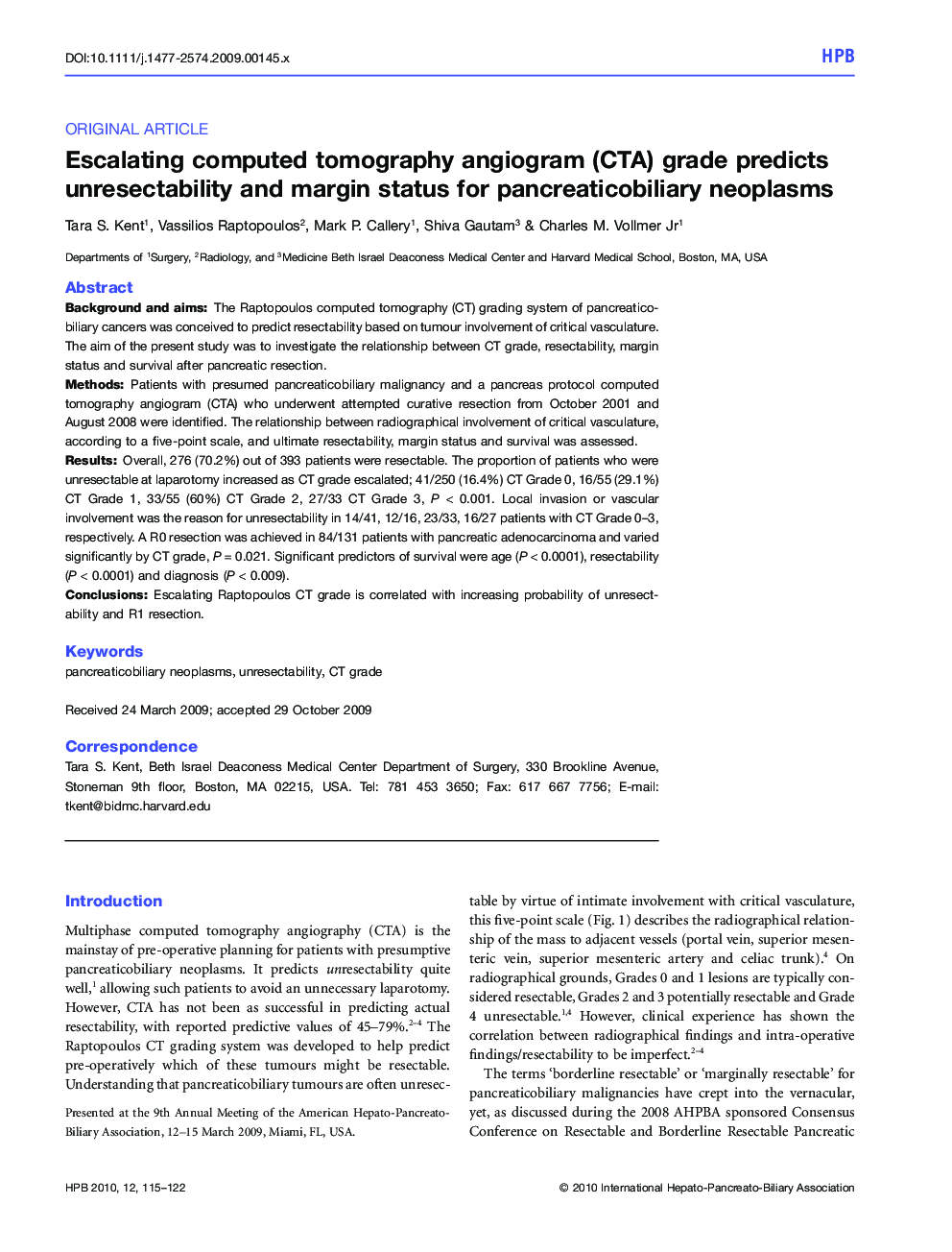 Escalating computed tomography angiogram (CTA) grade predicts unresectability and margin status for pancreaticobiliary neoplasms