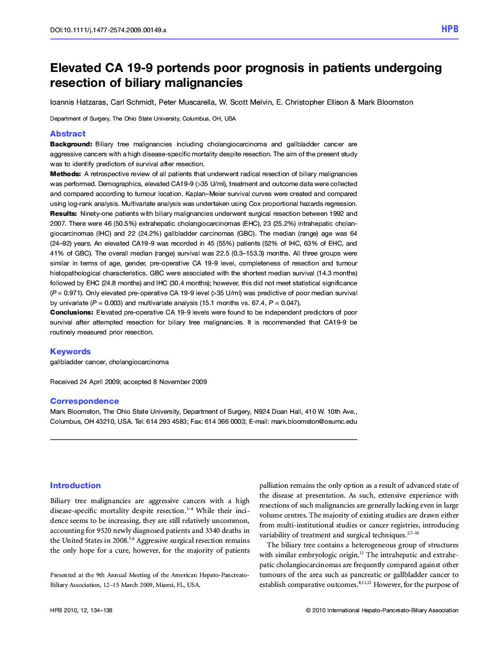 Elevated CA 19-9 portends poor prognosis in patients undergoing resection of biliary malignancies