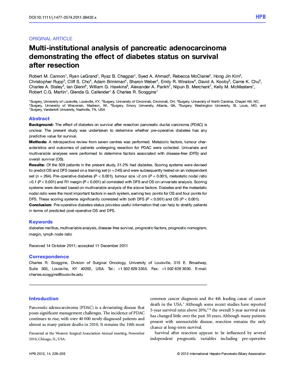 Multi-institutional analysis of pancreatic adenocarcinoma demonstrating the effect of diabetes status on survival after resection
