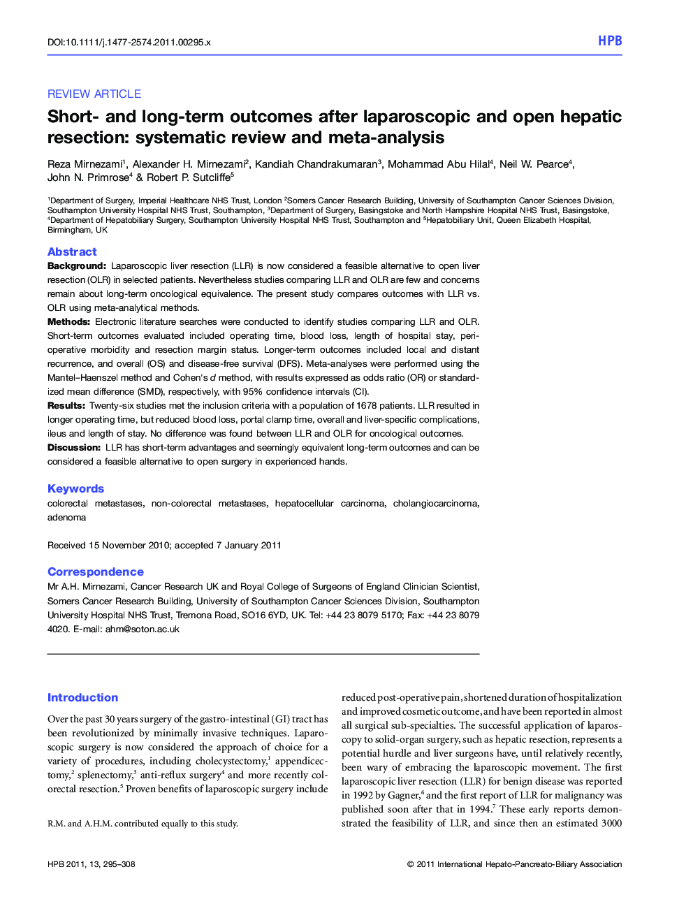 Short- and long-term outcomes after laparoscopic and open hepatic resection: systematic review and meta-analysis