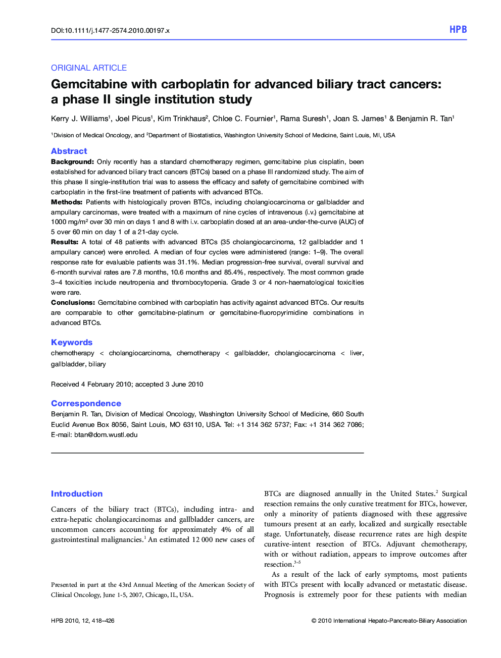 Gemcitabine with carboplatin for advanced biliary tract cancers: a phase II single institution study