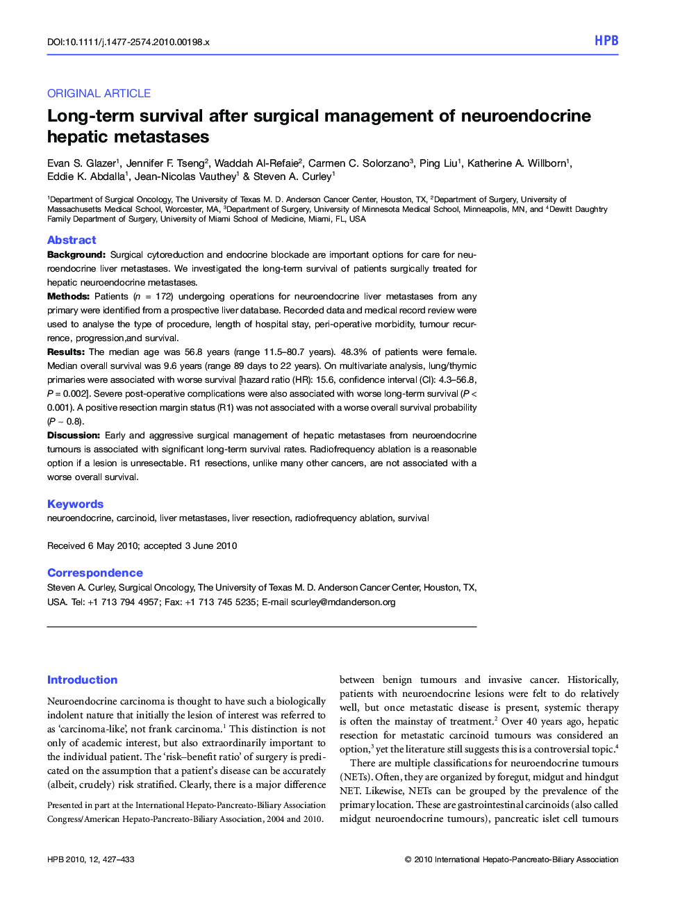 Long-term survival after surgical management of neuroendocrine hepatic metastases