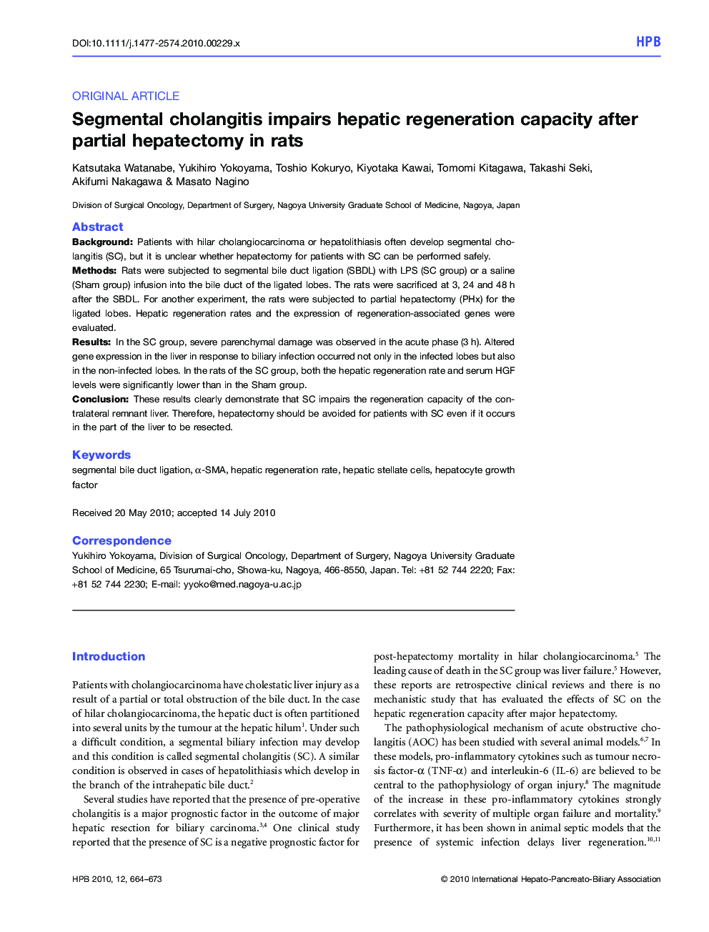 Segmental cholangitis impairs hepatic regeneration capacity after partial hepatectomy in rats