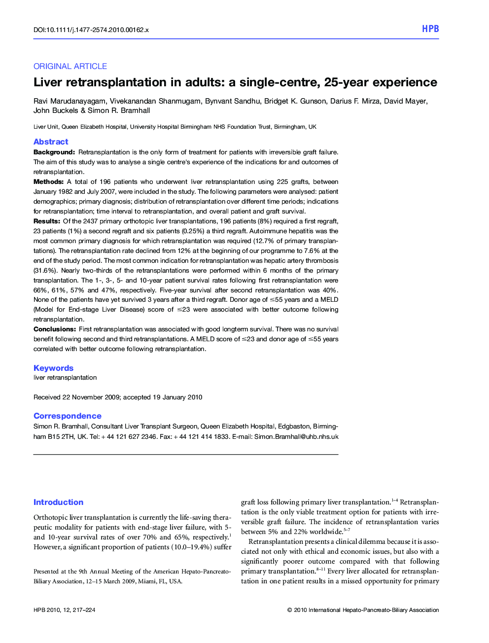 Liver retransplantation in adults: a single-centre, 25-year experience