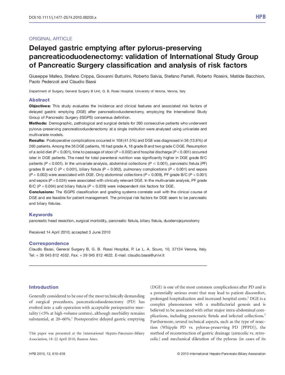 Delayed gastric emptying after pylorus-preserving pancreaticoduodenectomy: validation of International Study Group of Pancreatic Surgery classification and analysis of risk factors