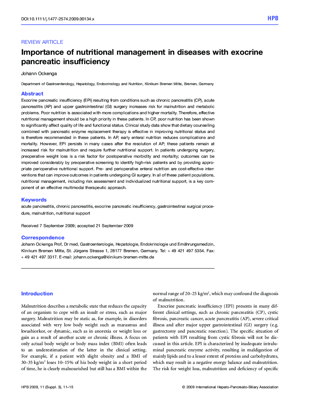Importance of nutritional management in diseases with exocrine pancreatic insufficiency