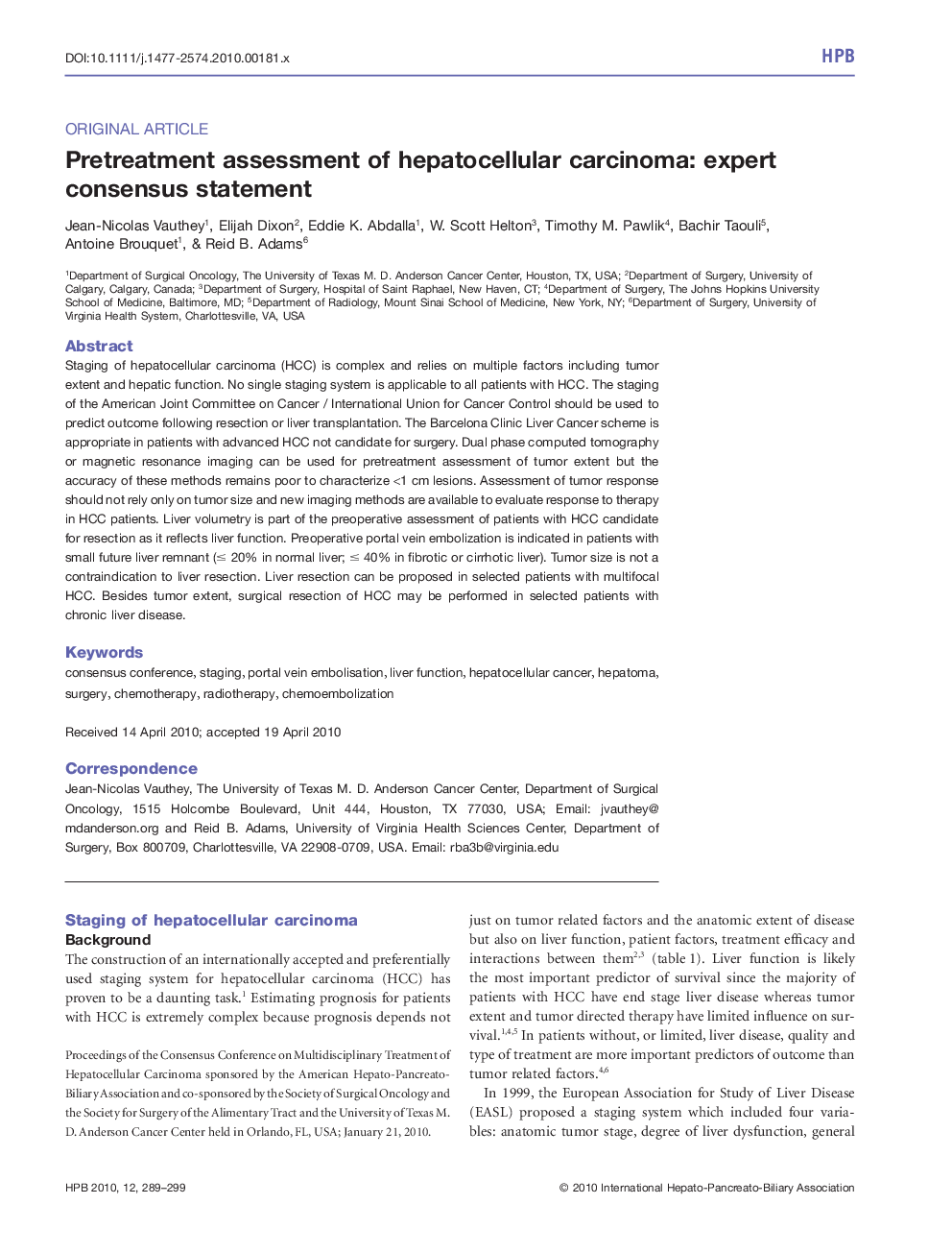 Pretreatment assessment of hepatocellular carcinoma: expert consensus statement