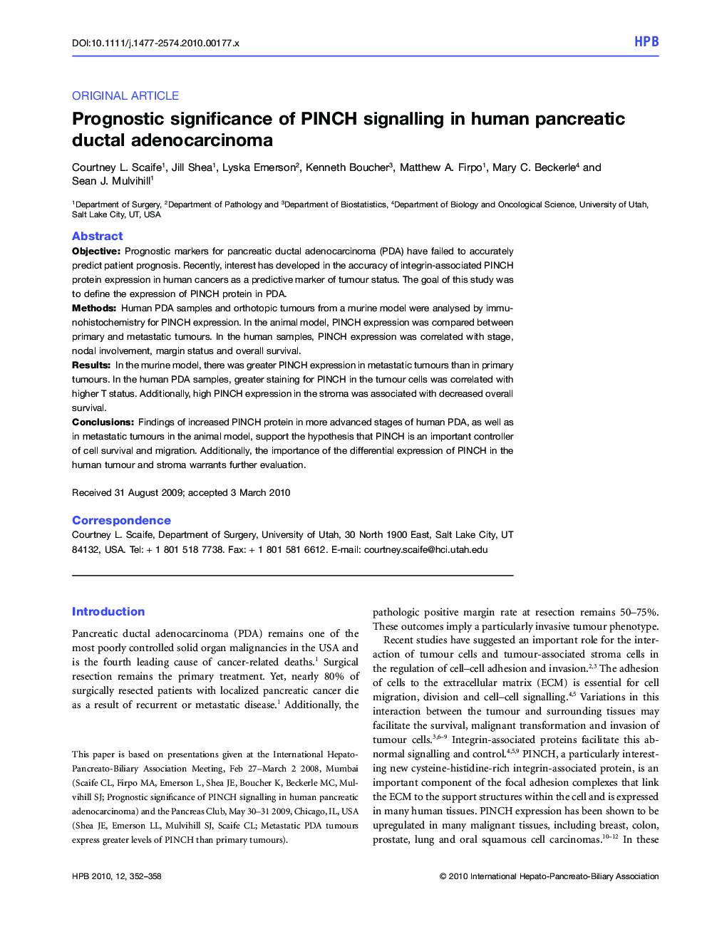 Prognostic significance of PINCH signalling in human pancreatic ductal adenocarcinoma