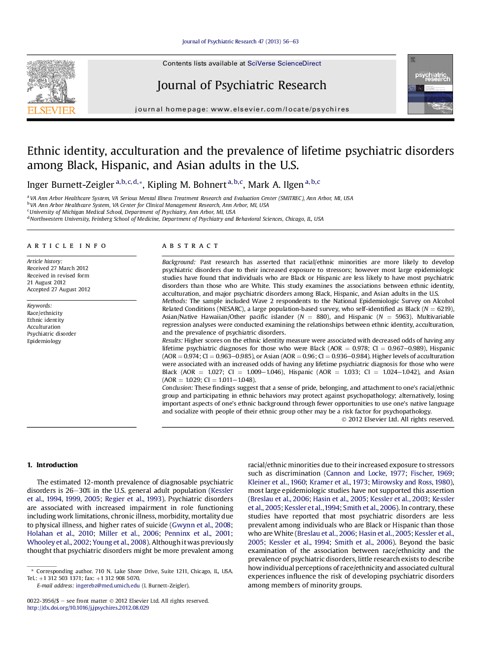 Ethnic identity, acculturation and the prevalence of lifetime psychiatric disorders among Black, Hispanic, and Asian adults in the U.S.