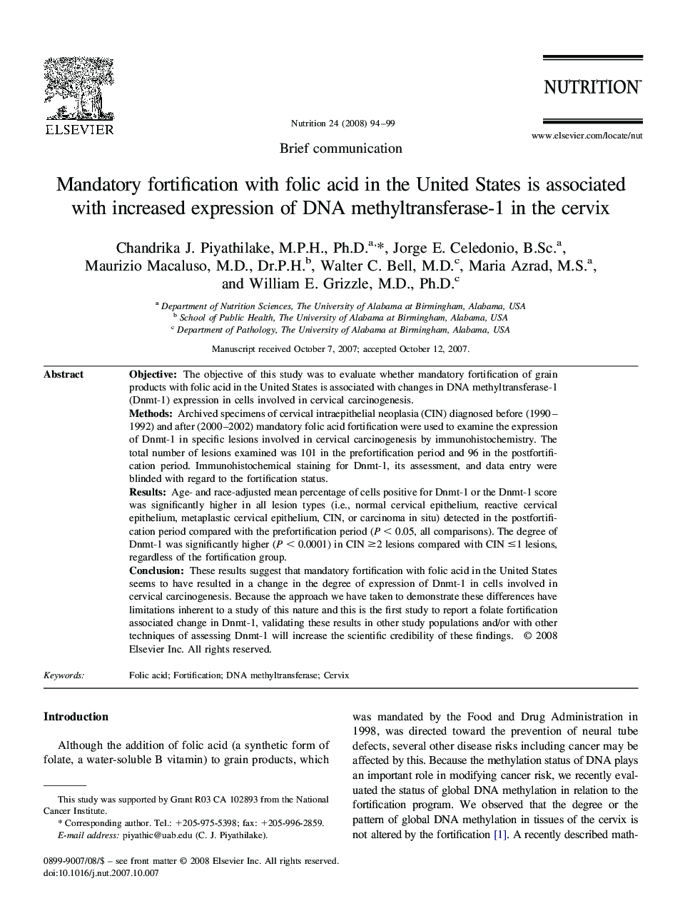 Mandatory fortification with folic acid in the United States is associated with increased expression of DNA methyltransferase-1 in the cervix 