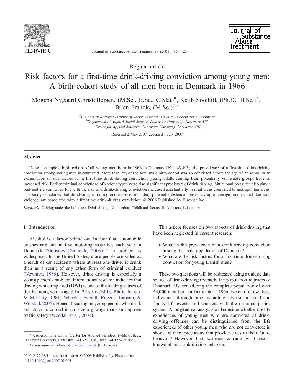 Risk factors for a first-time drink-driving conviction among young men: A birth cohort study of all men born in Denmark in 1966