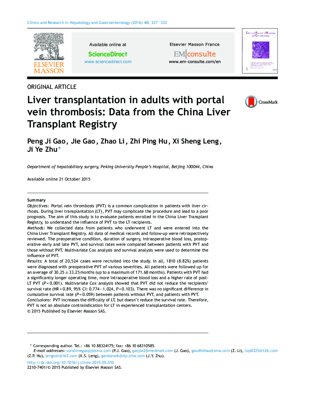 پیوند کبدی در بزرگسالان مبتلا به ترومبوز وریدی پورتال: اطلاعات از ثبت پیوند در چین
