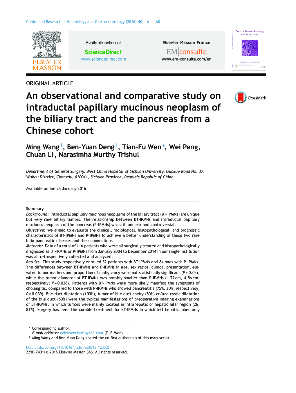 یک مطالعه مشاهده ای و مقایسه ای در داخل مجاری، نئوپلاسم موسینوس پاپیلاری از دستگاه صفراوی و پانکراس از یک گروه چینی