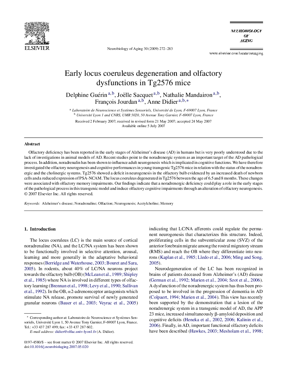 Early locus coeruleus degeneration and olfactory dysfunctions in Tg2576 mice