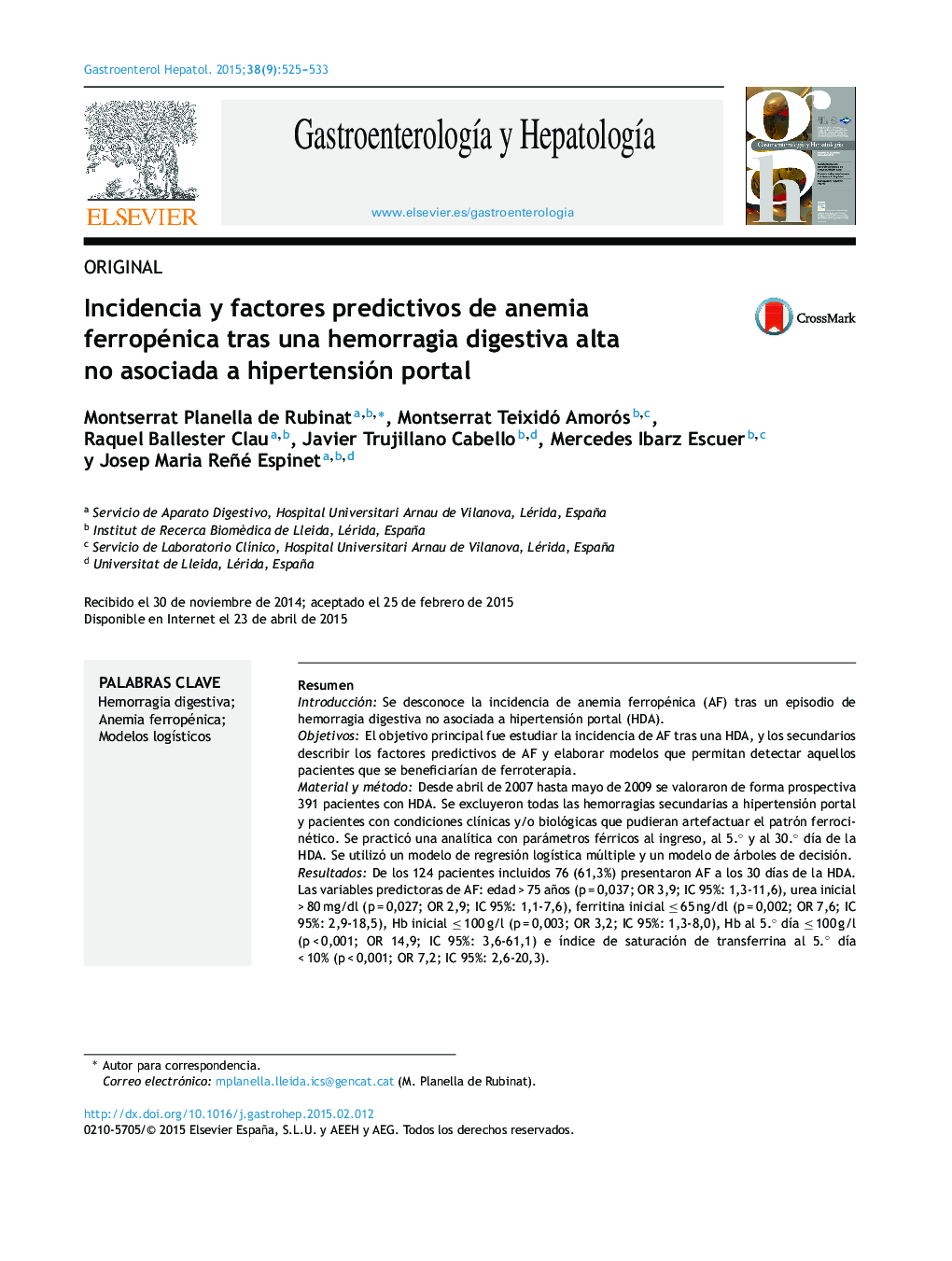 Incidencia y factores predictivos de anemia ferropénica tras una hemorragia digestiva alta no asociada a hipertensión portal