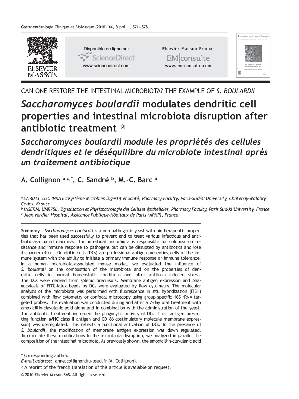 Saccharomyces boulardii modulates dendritic cell properties and intestinal microbiota disruption after antibiotic treatment 