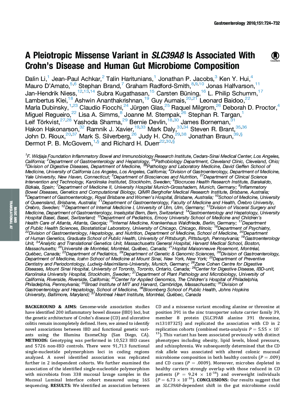 A Pleiotropic Missense Variant in SLC39A8 Is Associated With Crohn’s Disease and Human Gut Microbiome Composition 