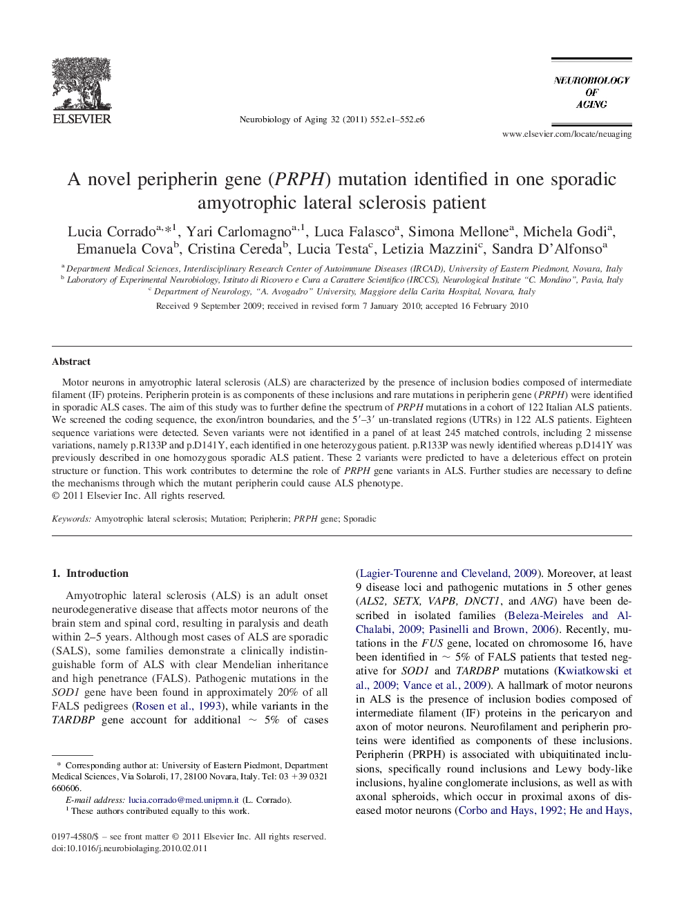 A novel peripherin gene (PRPH) mutation identified in one sporadic amyotrophic lateral sclerosis patient