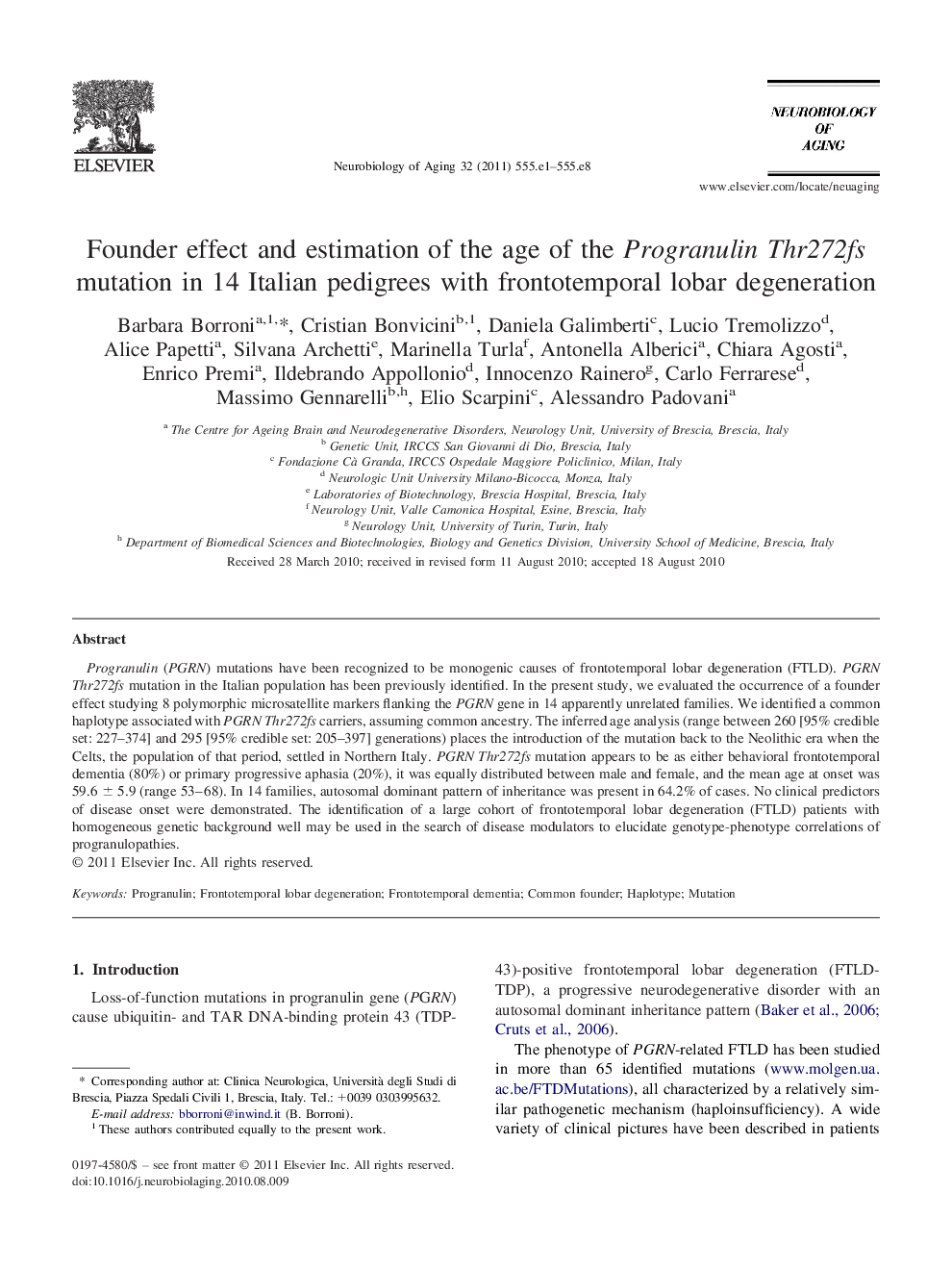 Founder effect and estimation of the age of the Progranulin Thr272fs mutation in 14 Italian pedigrees with frontotemporal lobar degeneration