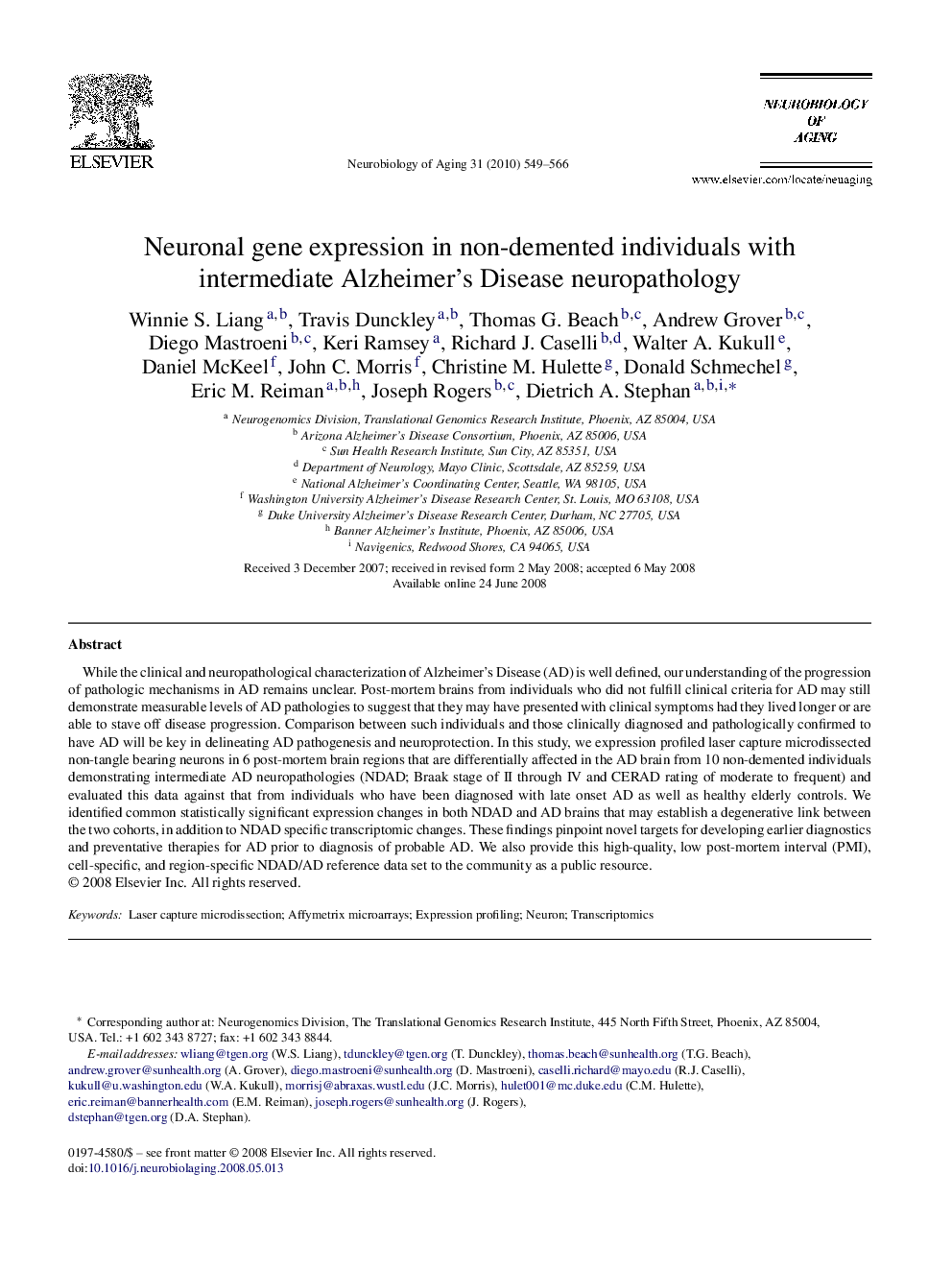 Neuronal gene expression in non-demented individuals with intermediate Alzheimer's Disease neuropathology