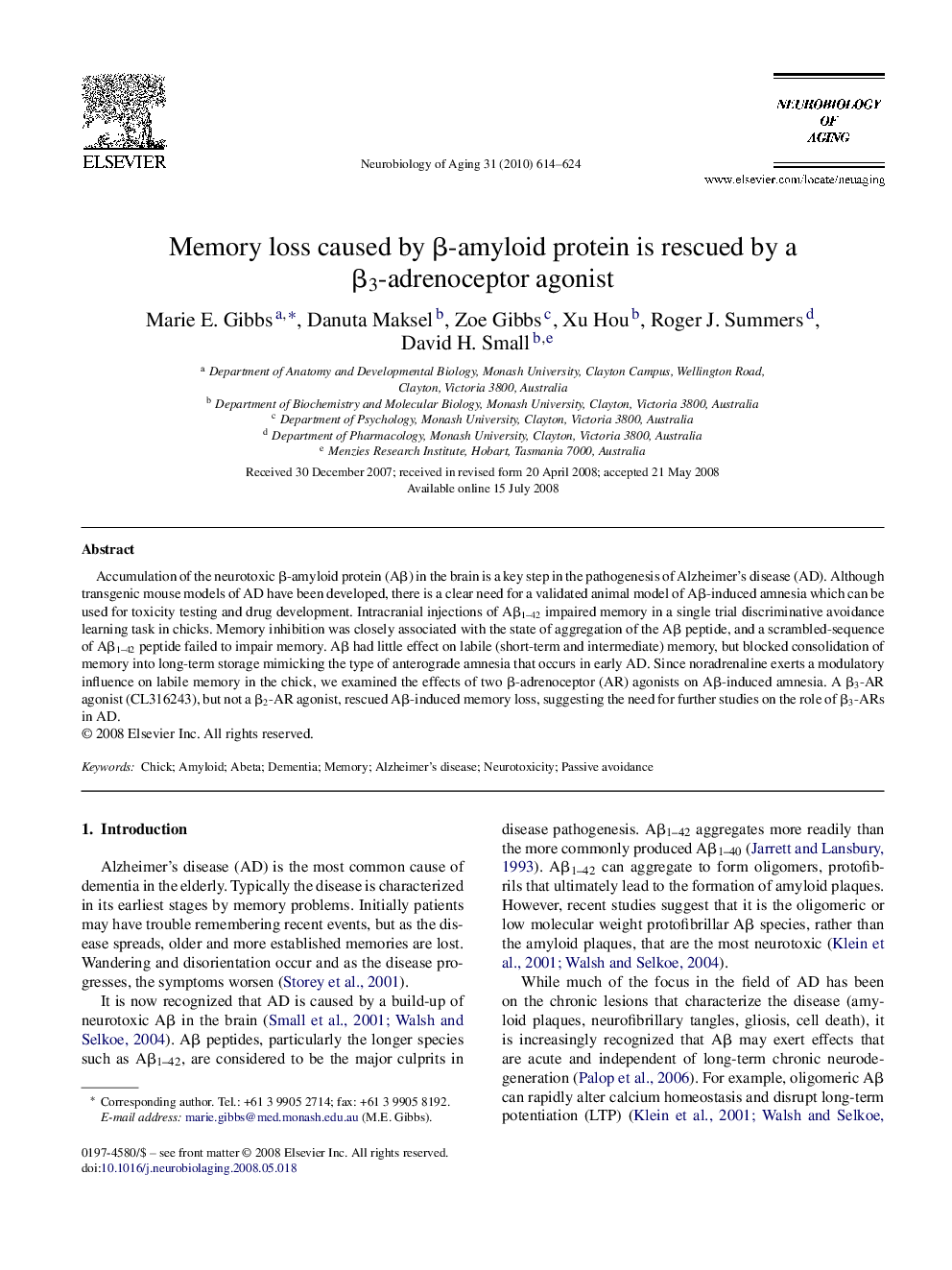 Memory loss caused by β-amyloid protein is rescued by a β3-adrenoceptor agonist