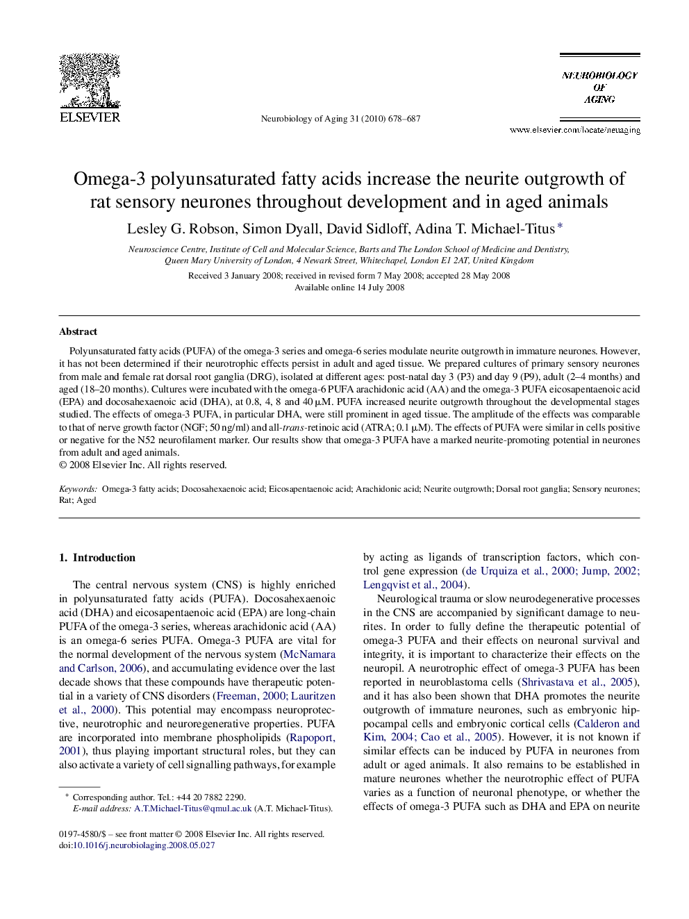 Omega-3 polyunsaturated fatty acids increase the neurite outgrowth of rat sensory neurones throughout development and in aged animals