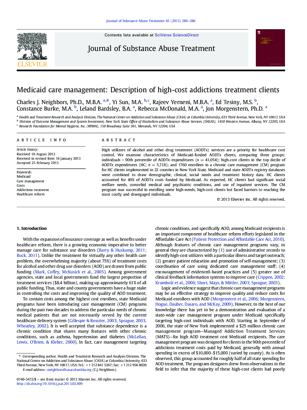 Medicaid care management: Description of high-cost addictions treatment clients