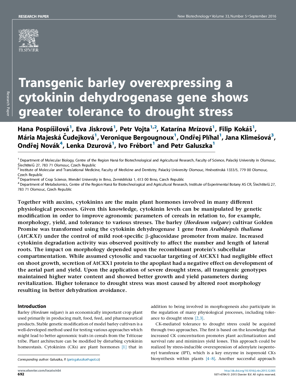 جو مرزه ترانس ژن بیش از حد بیان یک ژن سیتوکنین دهیدروژناز نشان می دهد تحمل بیشتر به تنش خشکی 