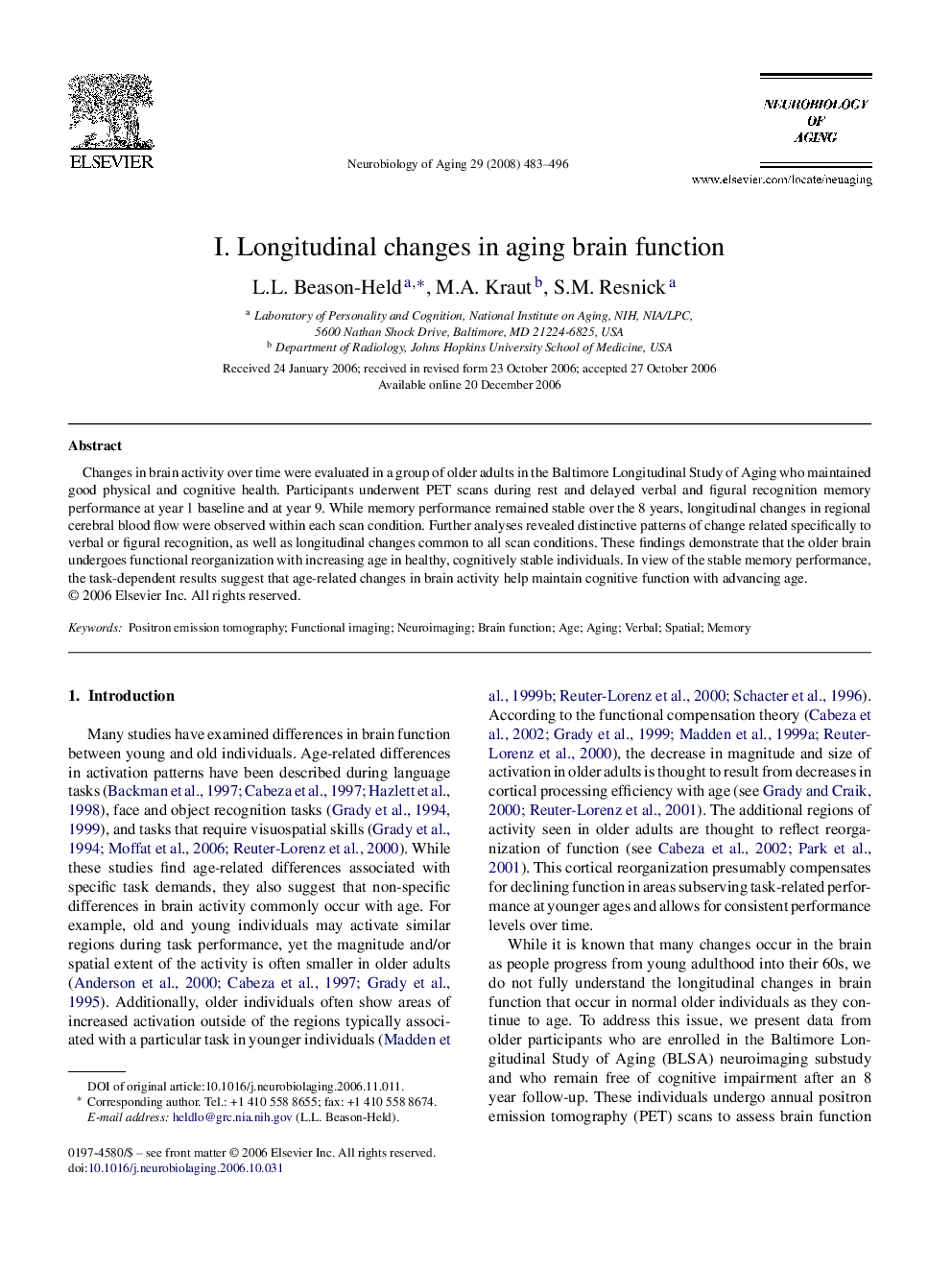 I. Longitudinal changes in aging brain function