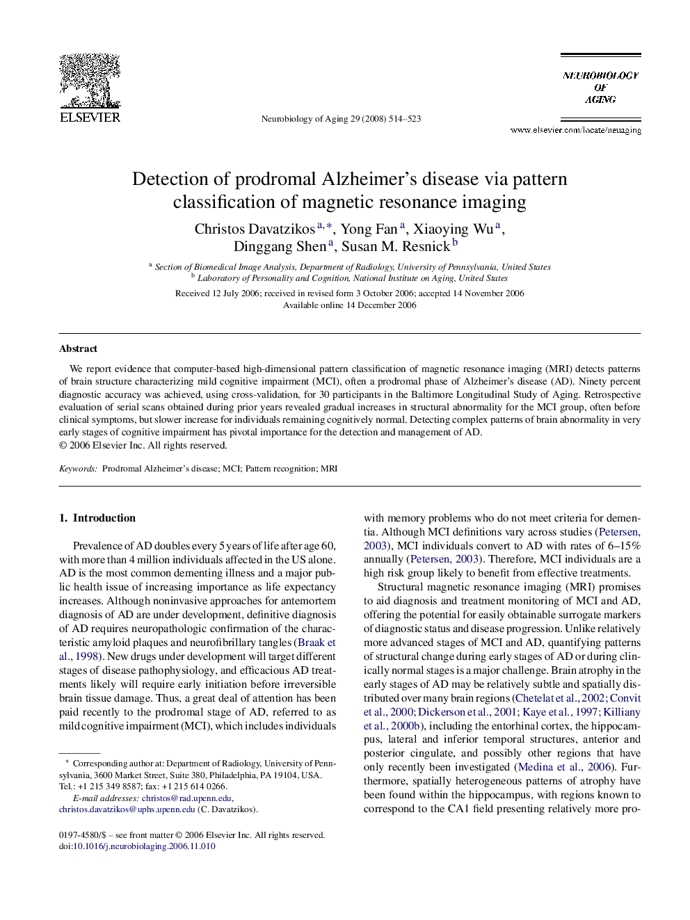 Detection of prodromal Alzheimer's disease via pattern classification of magnetic resonance imaging