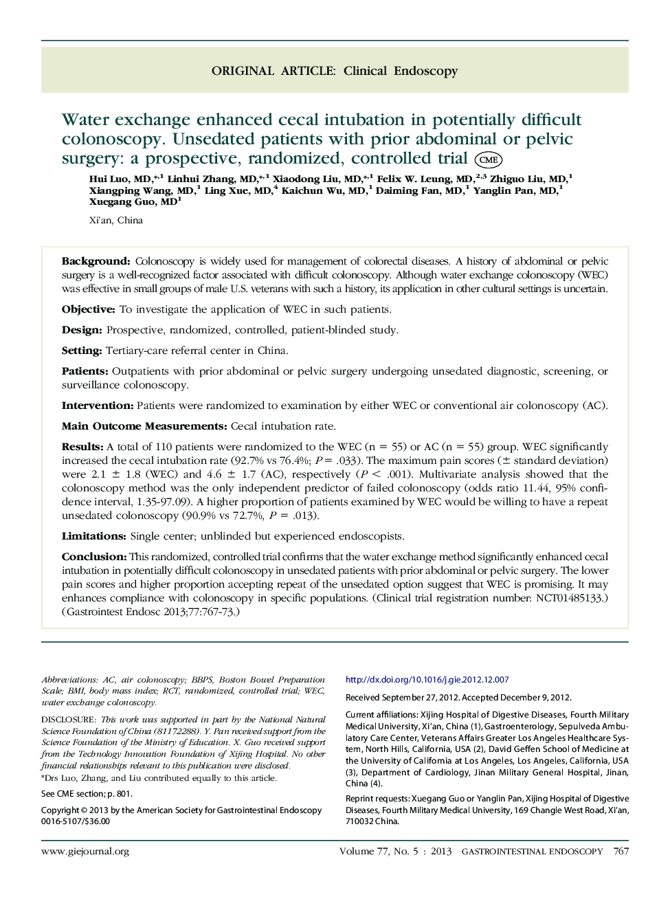 Water exchange enhanced cecal intubation in potentially difficult colonoscopy. Unsedated patients with prior abdominal or pelvic surgery: a prospective, randomized, controlled trial 