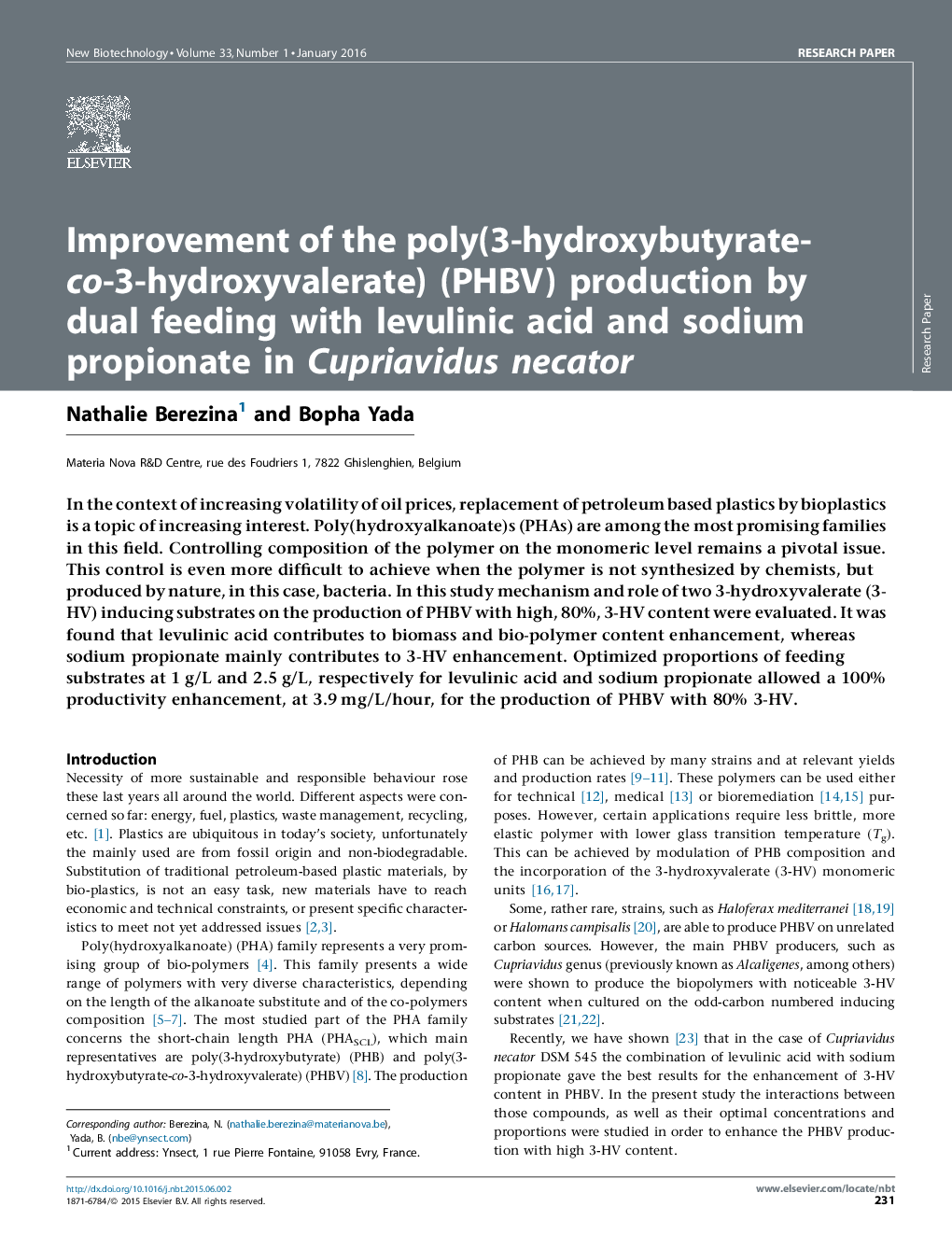 بهبود تولید Poly (3-hydroxybutyrate-co-3-hydroxyvalerate) (PHBV) با تغذیه دوگانه با اسید لووولینیک و پروپیونات سدیم در Cupriavidus necator