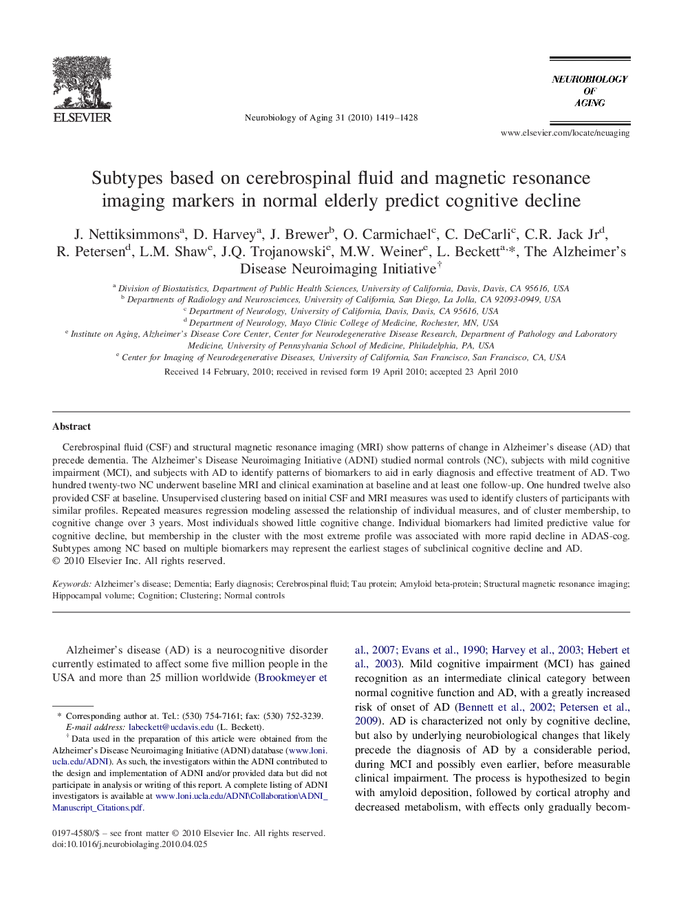 Subtypes based on cerebrospinal fluid and magnetic resonance imaging markers in normal elderly predict cognitive decline