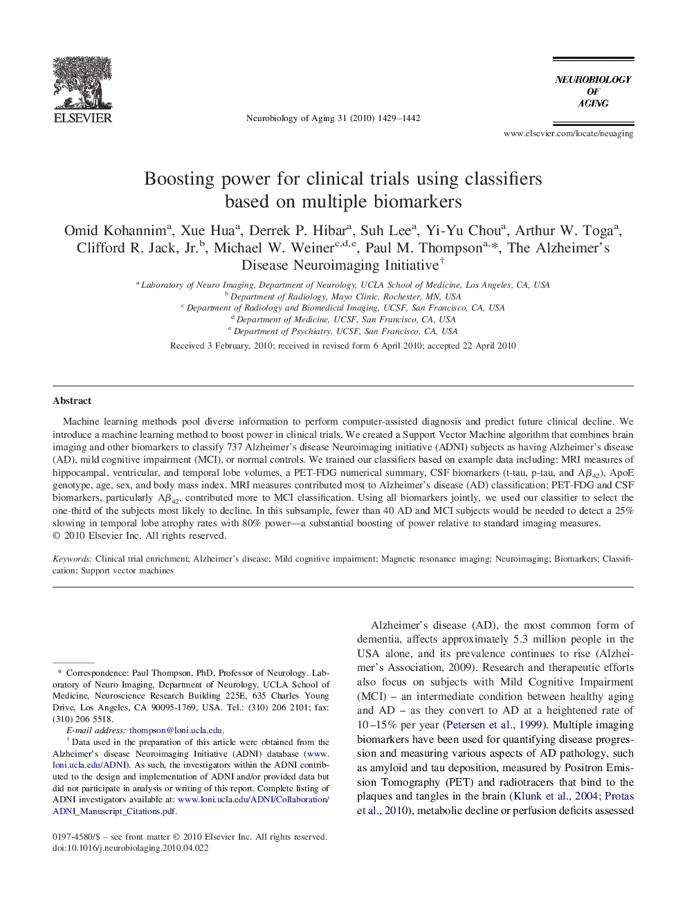 Boosting power for clinical trials using classifiers based on multiple biomarkers