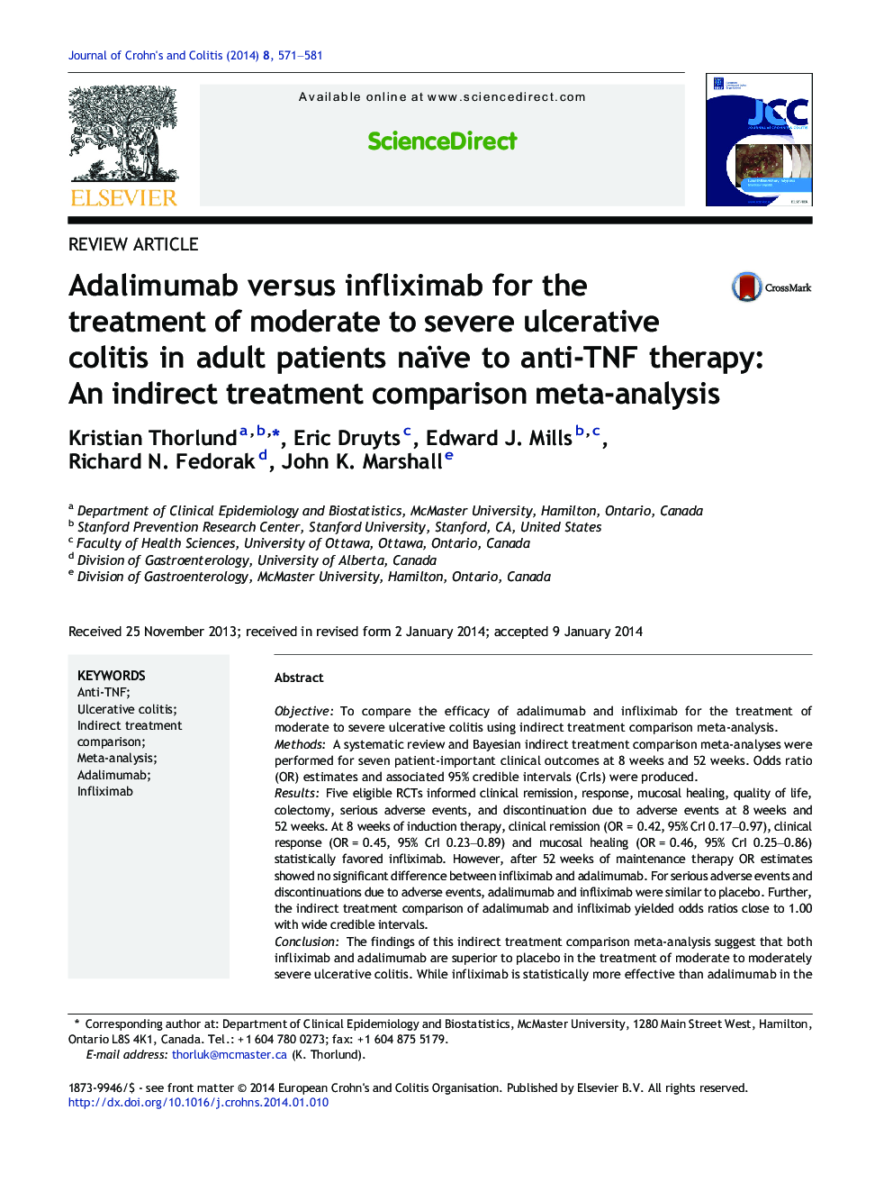 Adalimumab versus infliximab for the treatment of moderate to severe ulcerative colitis in adult patients naïve to anti-TNF therapy: An indirect treatment comparison meta-analysis