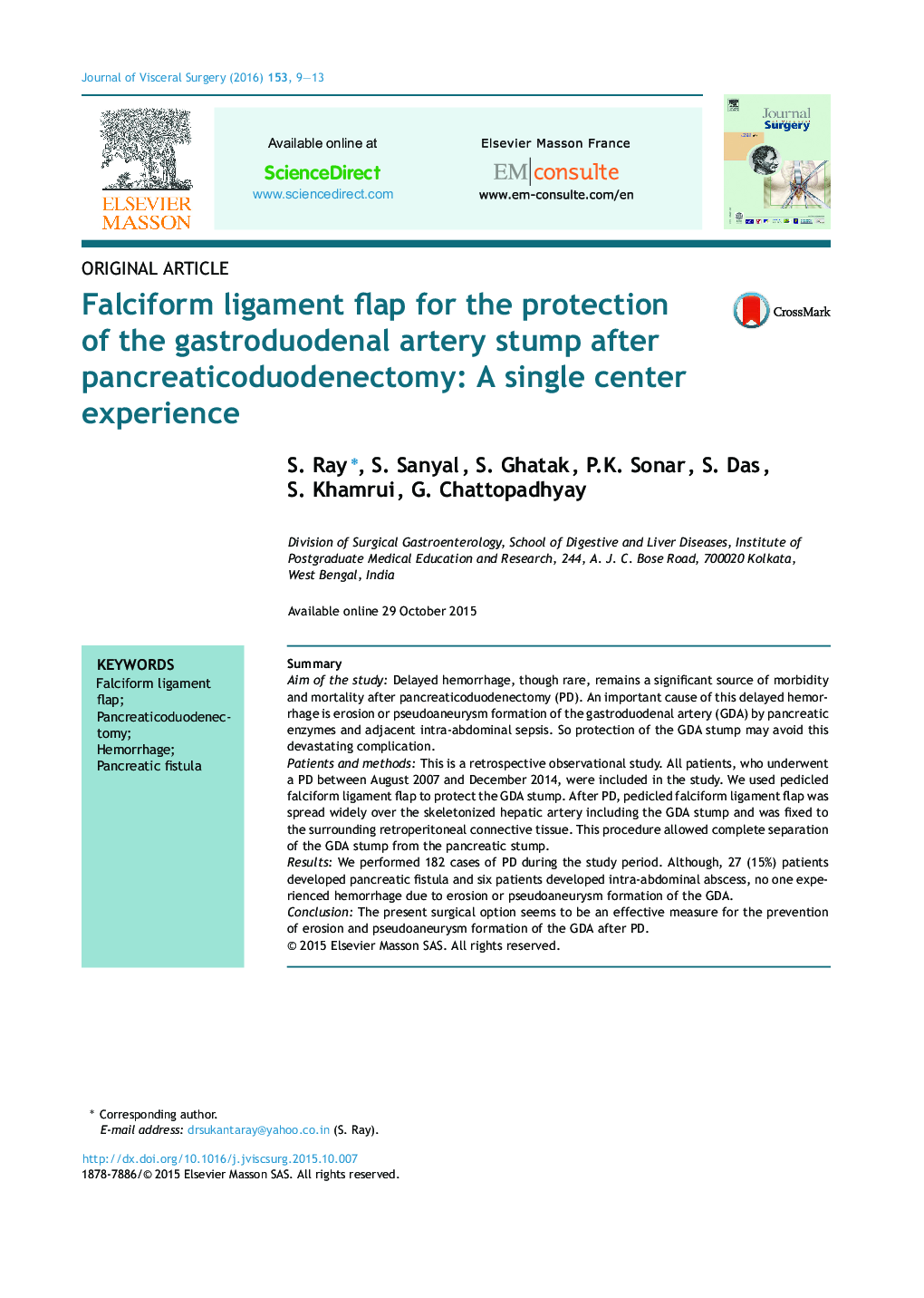 فلپ لیگامان فلسی فرم برای حفاظت از استامپ عروق گوارشی بعد از pancreaticoduodenectomy: یک تجربه مرکز واحد