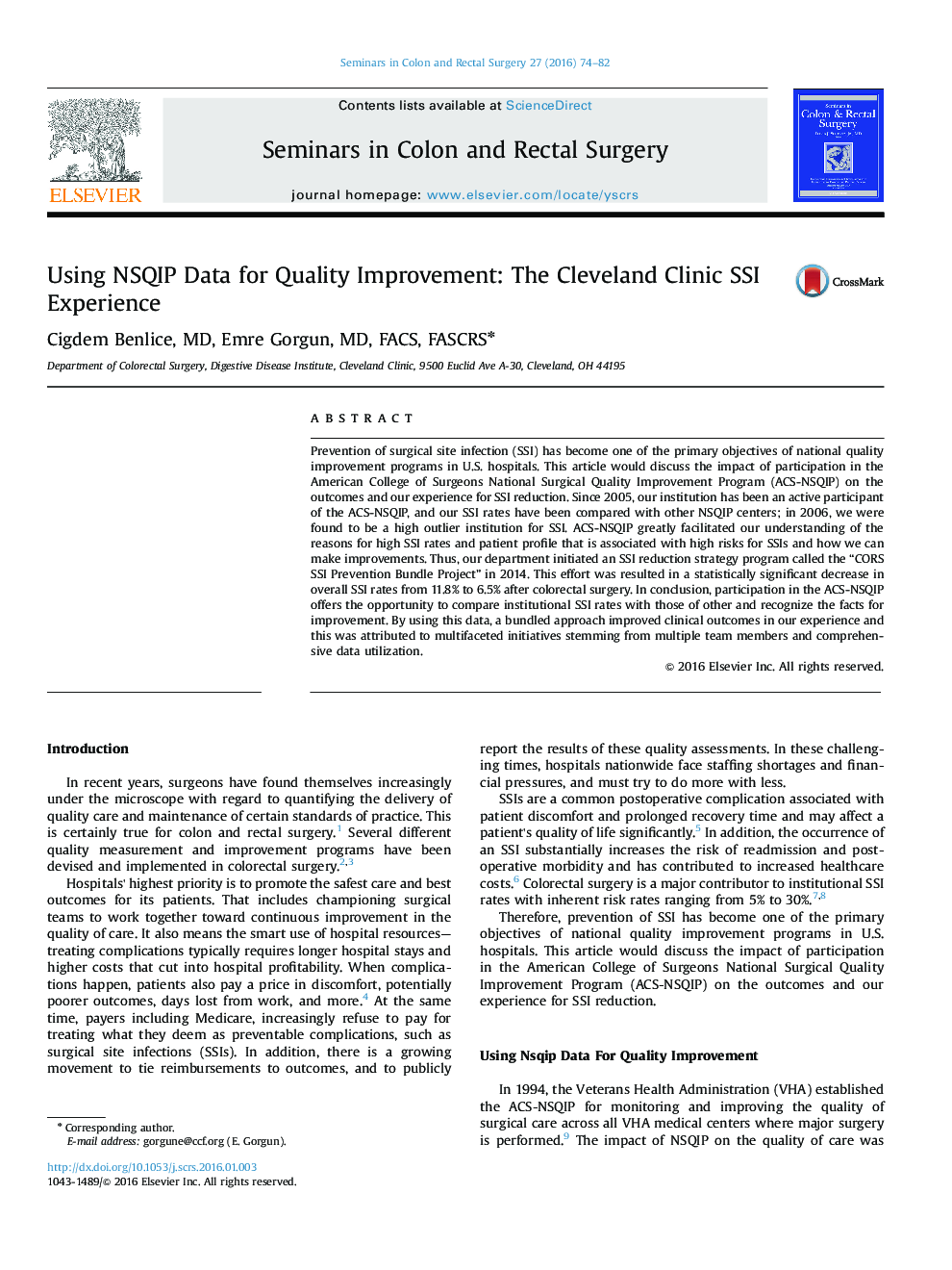 استفاده از داده های NSQIP برای بهبود کیفیت: تجربه SSI بالینی کلیولند 
