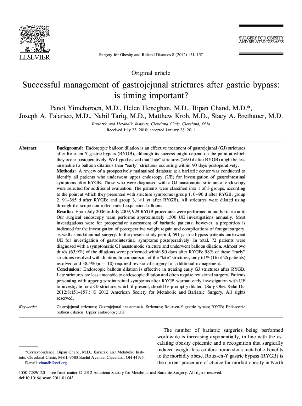 Successful management of gastrojejunal strictures after gastric bypass: is timing important?