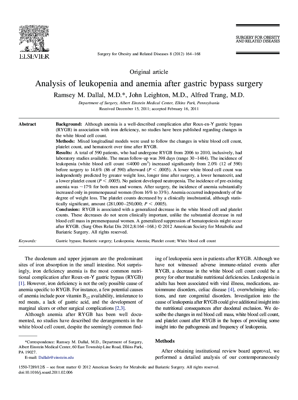 Analysis of leukopenia and anemia after gastric bypass surgery