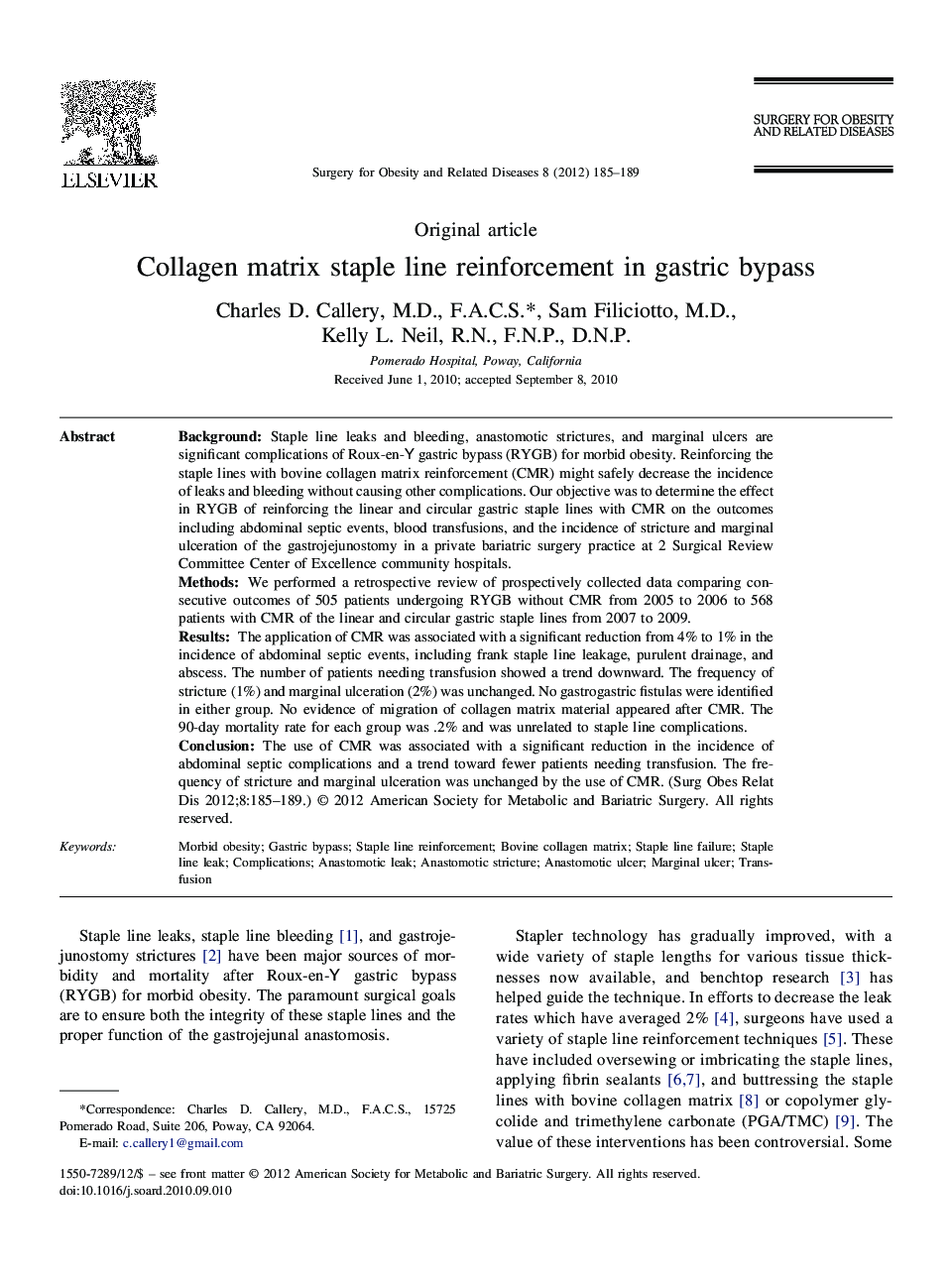 Collagen matrix staple line reinforcement in gastric bypass