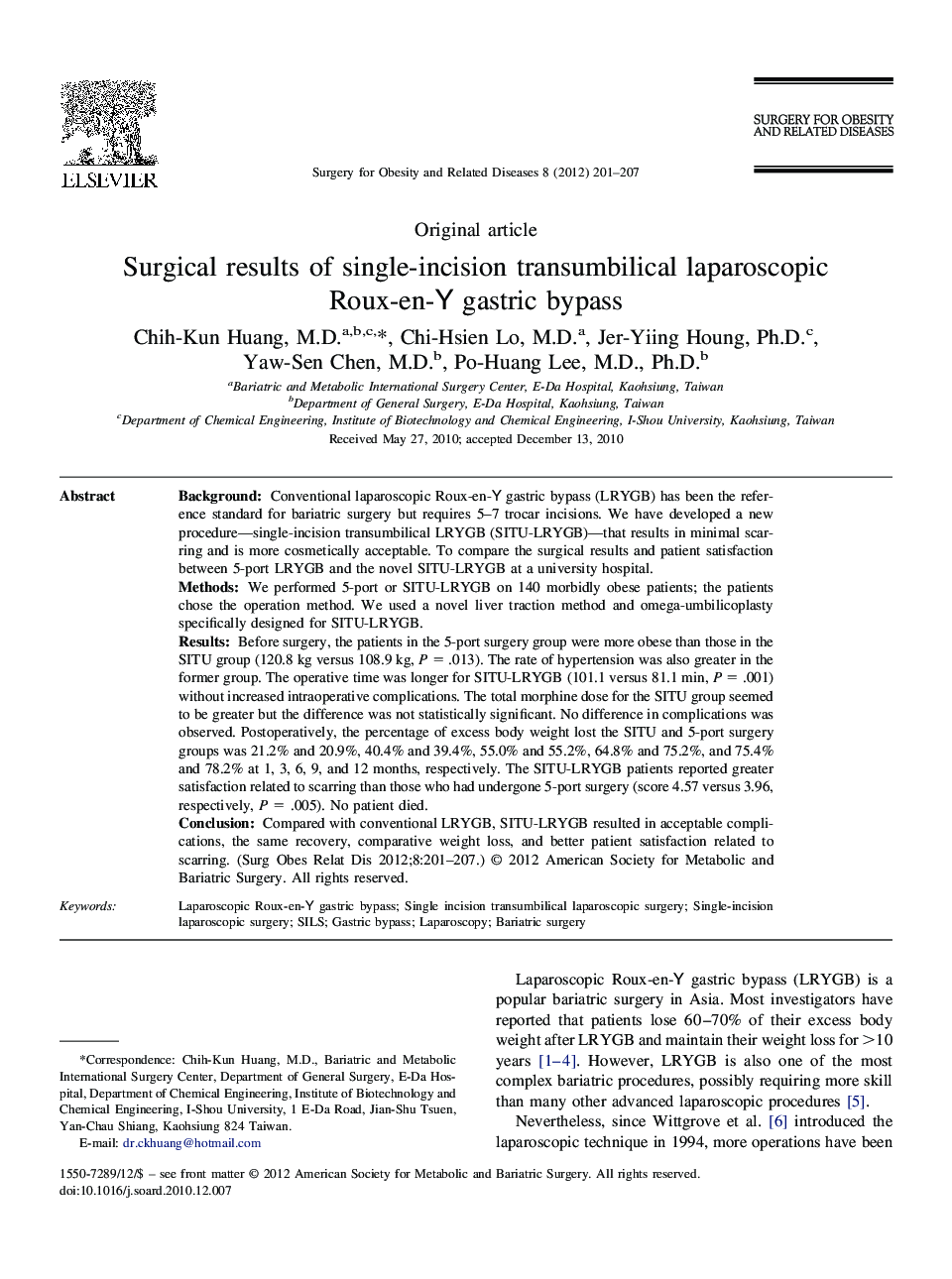 Surgical results of single-incision transumbilical laparoscopic Roux-en-Y gastric bypass