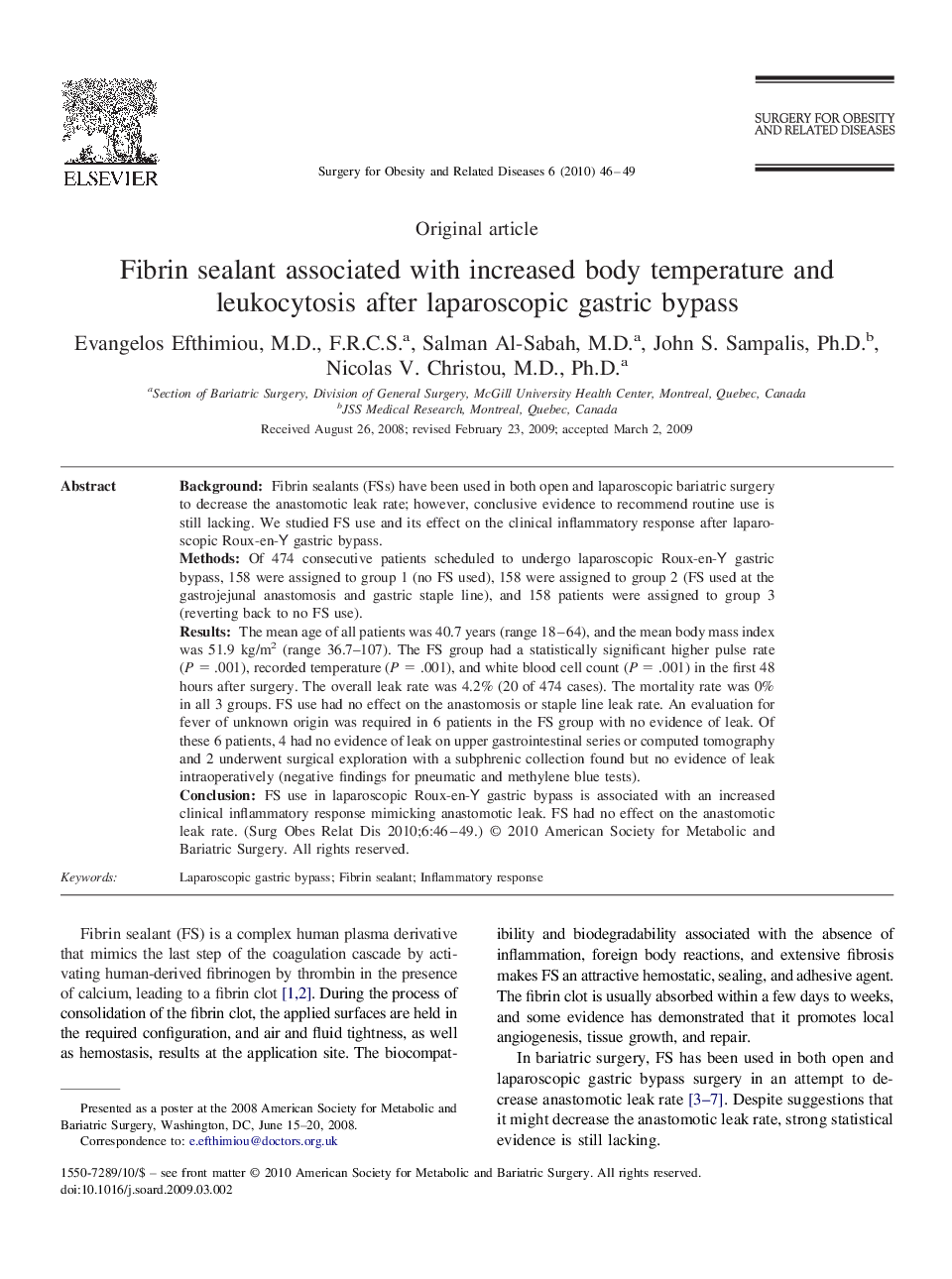 Fibrin sealant associated with increased body temperature and leukocytosis after laparoscopic gastric bypass