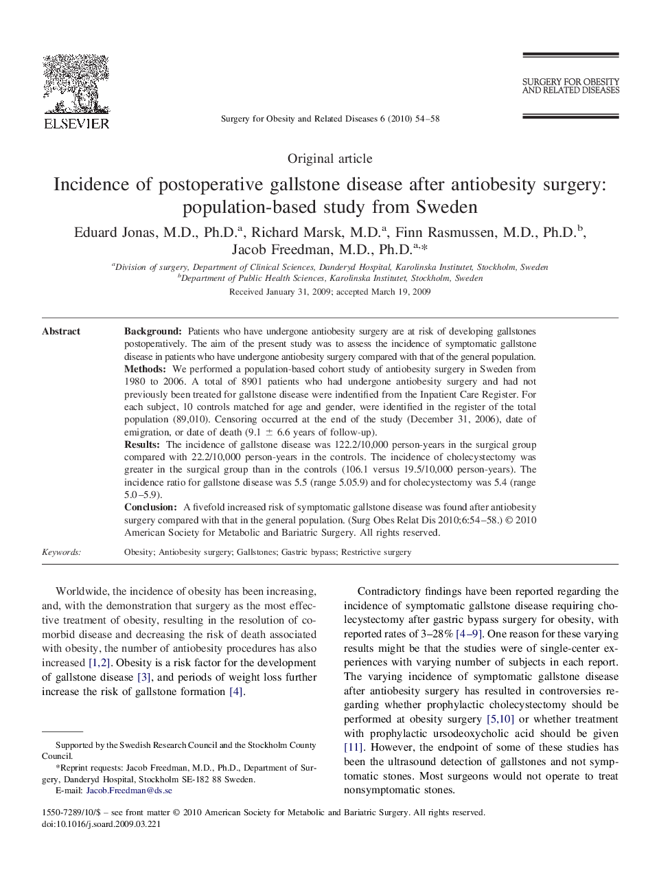 Incidence of postoperative gallstone disease after antiobesity surgery: population-based study from Sweden