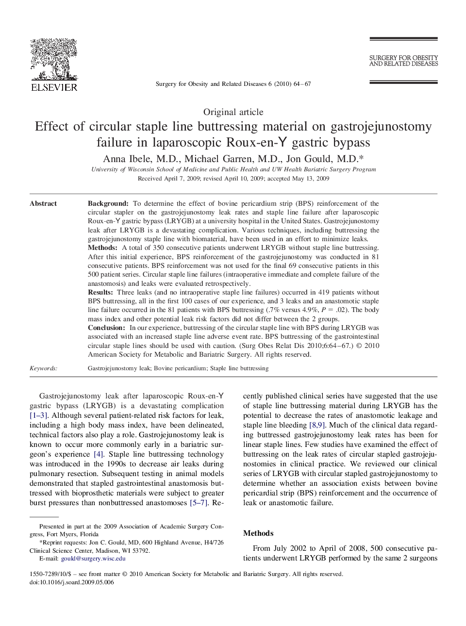 Effect of circular staple line buttressing material on gastrojejunostomy failure in laparoscopic Roux-en-Y gastric bypass