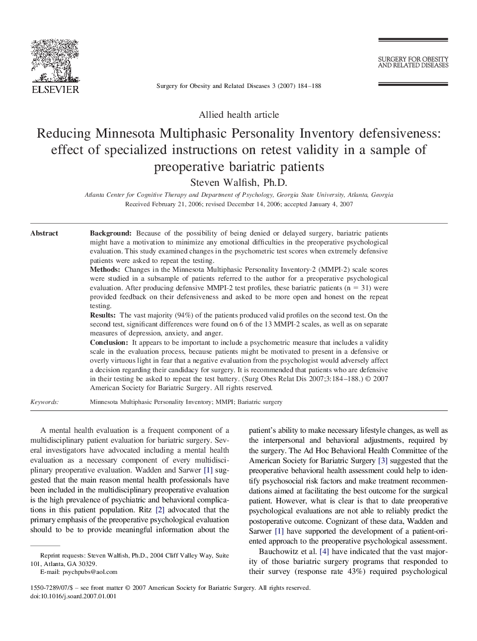 Reducing Minnesota Multiphasic Personality Inventory defensiveness: effect of specialized instructions on retest validity in a sample of preoperative bariatric patients
